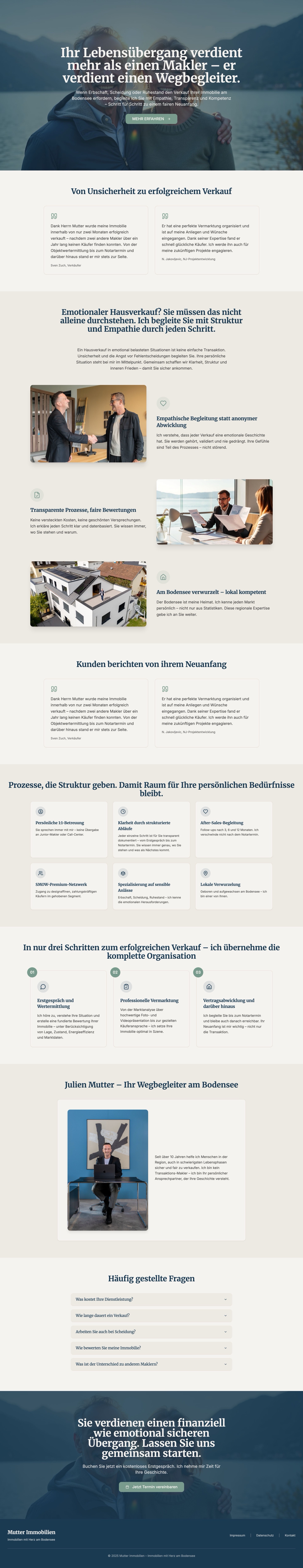 Visueller Entwurf der Landingpage: warme Farben, Menschen statt leerer Immobilien, die Positionierung als Headline.