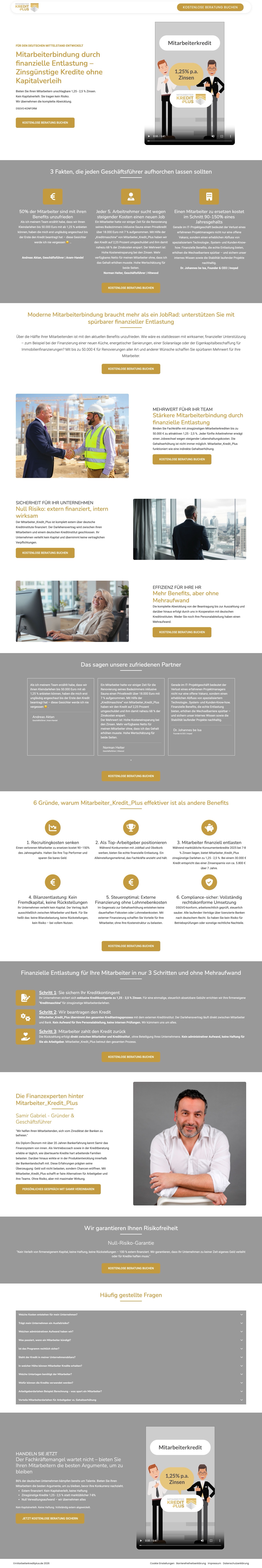 Die fertige Mitarbeiterkredit-Plus-Website, komplett durchgescrollt.